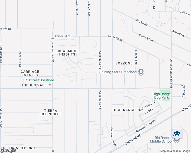map of restaurants, bars, coffee shops, grocery stores, and more near Galahad Street Northeast in Rio Rancho