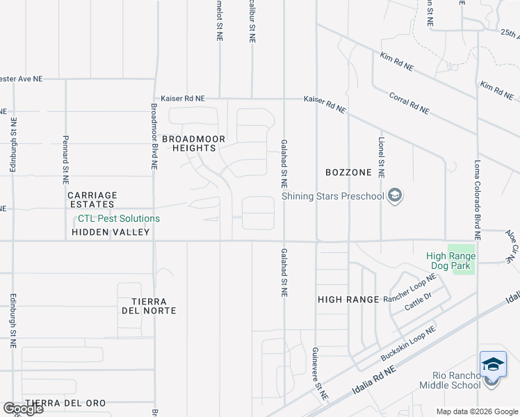 map of restaurants, bars, coffee shops, grocery stores, and more near Excalibur Street Northeast in Rio Rancho