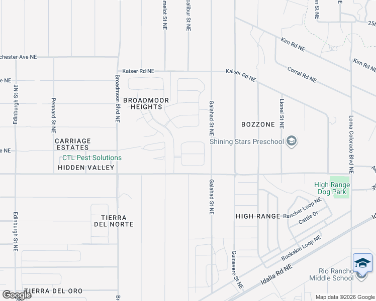 map of restaurants, bars, coffee shops, grocery stores, and more near Excalibur Street Northeast in Rio Rancho
