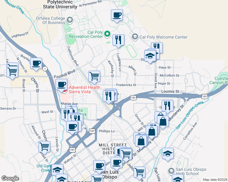 map of restaurants, bars, coffee shops, grocery stores, and more near 1369 Stafford Street in San Luis Obispo