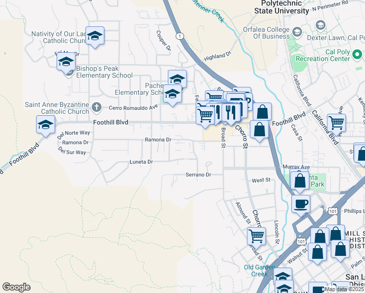 map of restaurants, bars, coffee shops, grocery stores, and more near 71 Palomar Avenue in San Luis Obispo