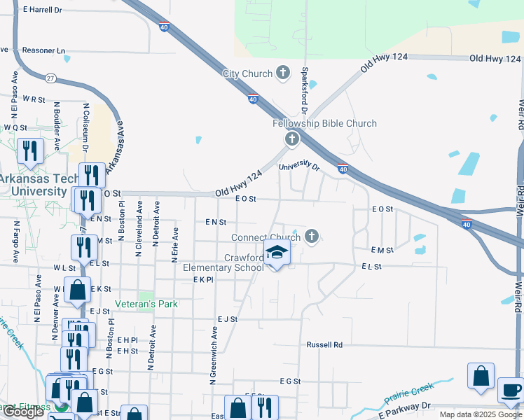 map of restaurants, bars, coffee shops, grocery stores, and more near 1401 North Parker Road in Russellville