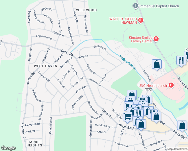 map of restaurants, bars, coffee shops, grocery stores, and more near 1004 Pamela Dr in Kinston