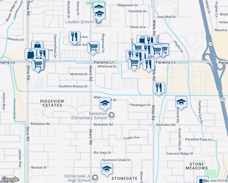 map of restaurants, bars, coffee shops, grocery stores, and more near 3709 Crosswind Way in Bakersfield