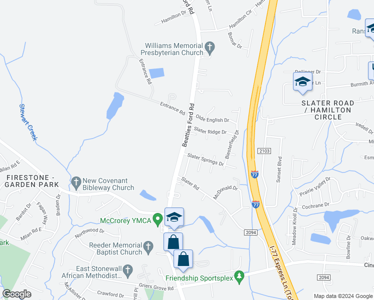 map of restaurants, bars, coffee shops, grocery stores, and more near 4207 Bryan Furr Drive in Charlotte