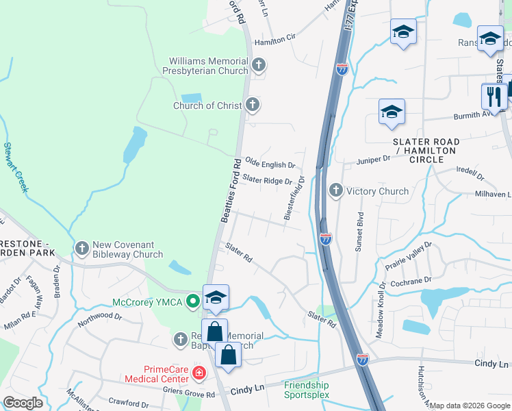 map of restaurants, bars, coffee shops, grocery stores, and more near 4213 Rosy Mound Lane in Charlotte