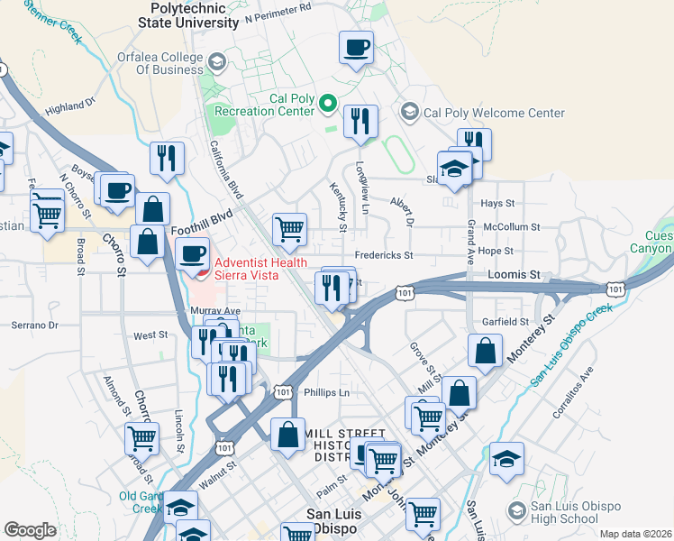map of restaurants, bars, coffee shops, grocery stores, and more near 1256 Stafford Street in San Luis Obispo