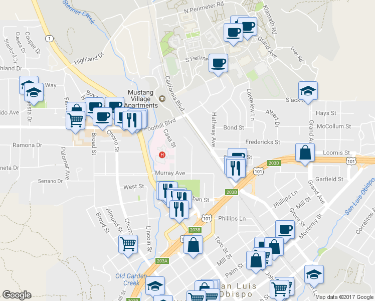 map of restaurants, bars, coffee shops, grocery stores, and more near 144 Stenner Street in San Luis Obispo