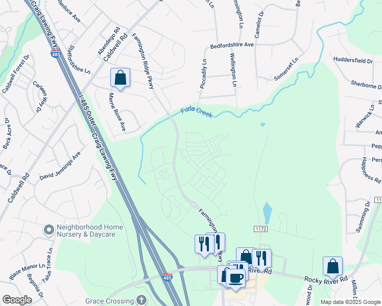 map of restaurants, bars, coffee shops, grocery stores, and more near 4538 Rocky River Crossing Road in Harrisburg