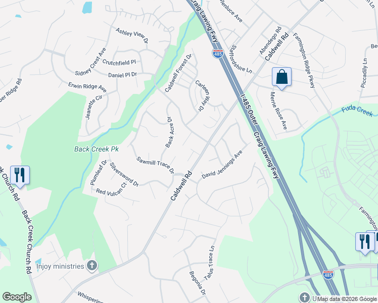 map of restaurants, bars, coffee shops, grocery stores, and more near 13311 Caldwell Road in Charlotte