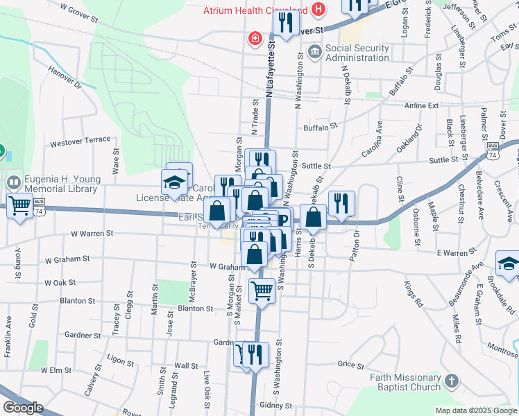 map of restaurants, bars, coffee shops, grocery stores, and more near 14 West Marion Street in Shelby