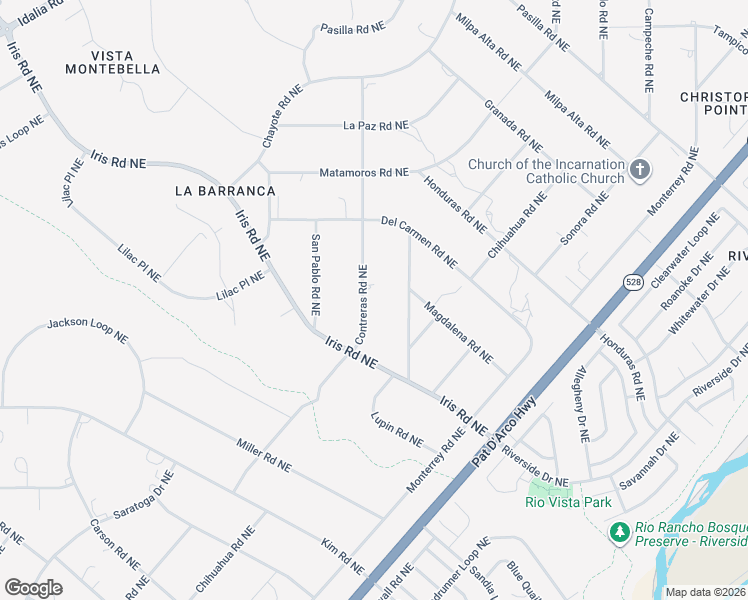 map of restaurants, bars, coffee shops, grocery stores, and more near 2224 Contreras Road Northeast in Rio Rancho