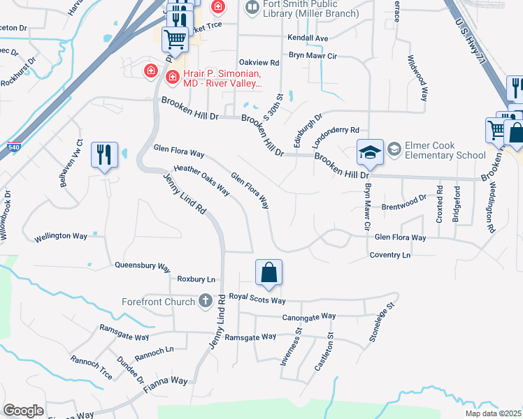 map of restaurants, bars, coffee shops, grocery stores, and more near 3024 Glen Flora Way in Fort Smith