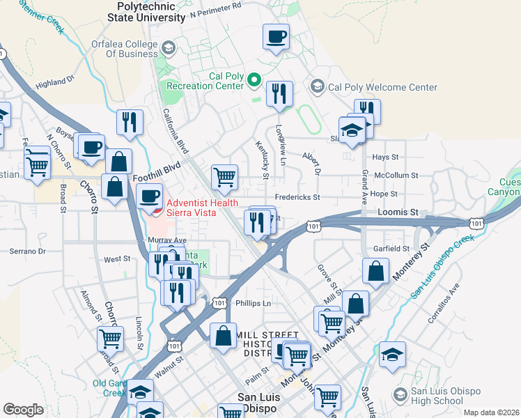 map of restaurants, bars, coffee shops, grocery stores, and more near 1256 Stafford Street in San Luis Obispo