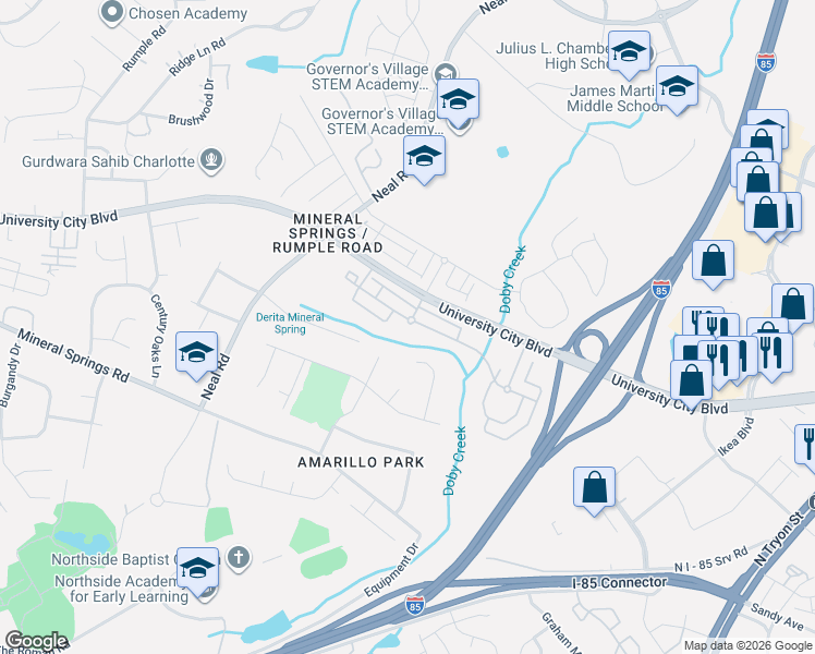 map of restaurants, bars, coffee shops, grocery stores, and more near 5200 Oxford Pond Drive in Charlotte