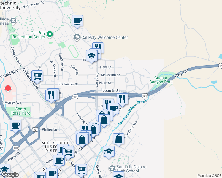 map of restaurants, bars, coffee shops, grocery stores, and more near 1960 Loomis Street in San Luis Obispo