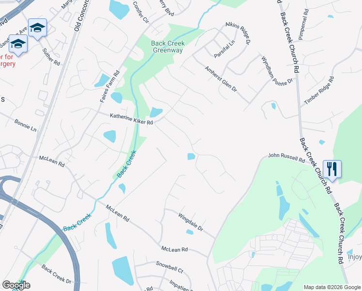 map of restaurants, bars, coffee shops, grocery stores, and more near 9400 Vera Jones Lane in Charlotte