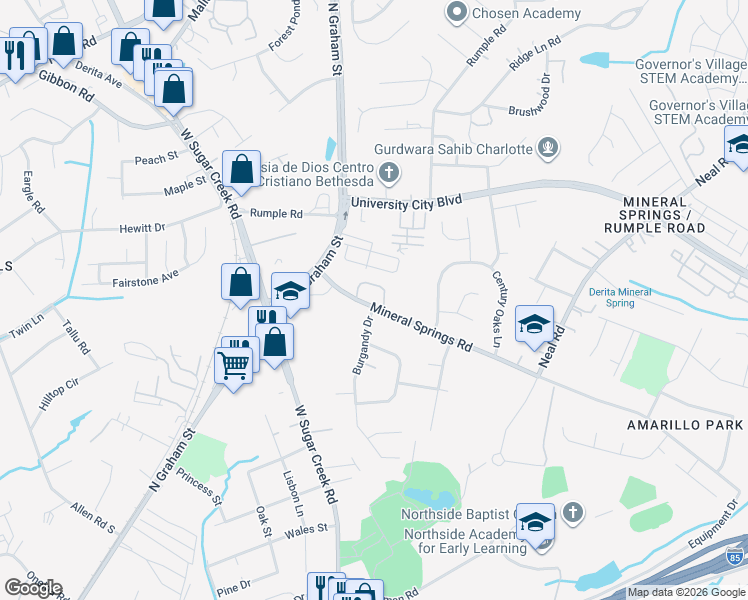map of restaurants, bars, coffee shops, grocery stores, and more near 7033 Somerset Springs Drive in Charlotte