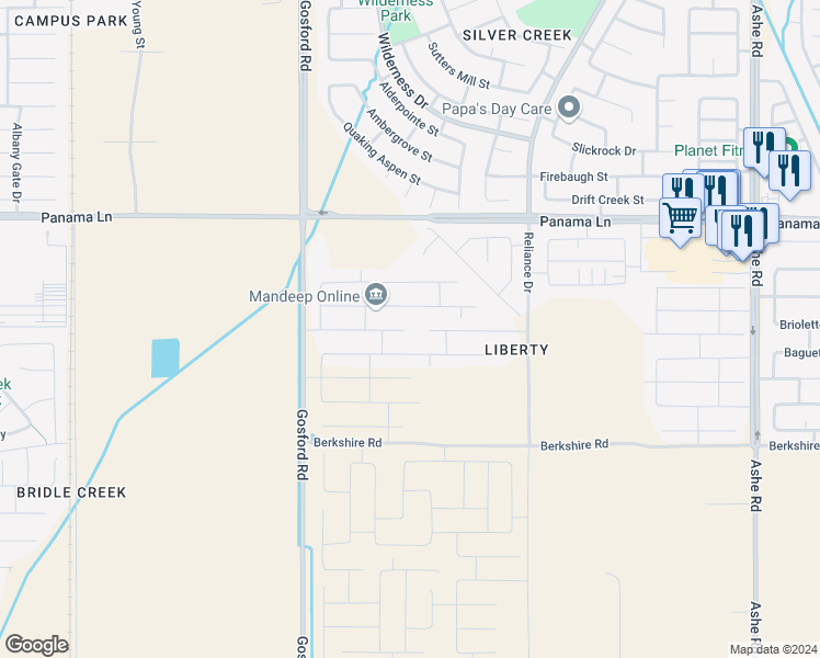 map of restaurants, bars, coffee shops, grocery stores, and more near 7702 Canyon Trail Avenue in Bakersfield