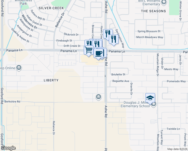 map of restaurants, bars, coffee shops, grocery stores, and more near Ashe Road in Bakersfield