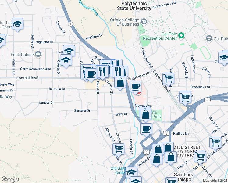 map of restaurants, bars, coffee shops, grocery stores, and more near 810 Meinecke Avenue in San Luis Obispo