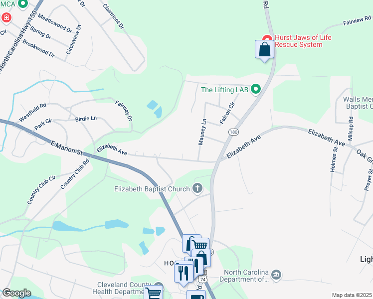 map of restaurants, bars, coffee shops, grocery stores, and more near 110 Pike Court in Shelby