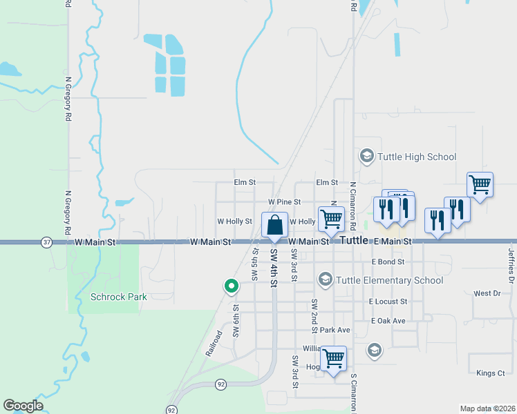 map of restaurants, bars, coffee shops, grocery stores, and more near 404 West Pine Street in Tuttle