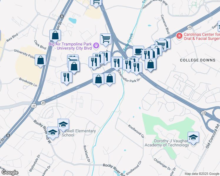 map of restaurants, bars, coffee shops, grocery stores, and more near 8120 University City Boulevard in Charlotte