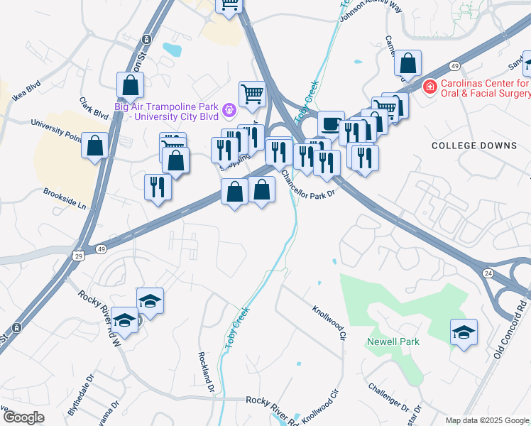 map of restaurants, bars, coffee shops, grocery stores, and more near 8120 University City Boulevard in Charlotte