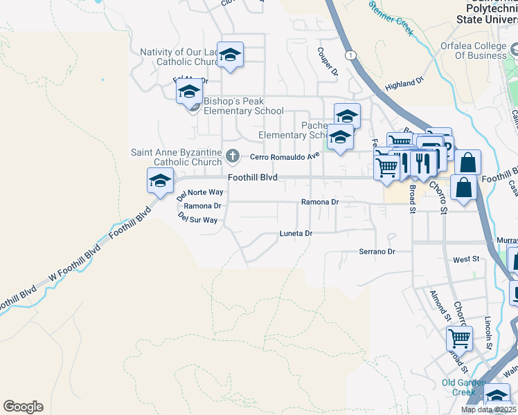 map of restaurants, bars, coffee shops, grocery stores, and more near 277 Ramona Drive in San Luis Obispo