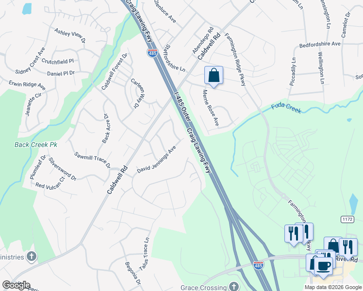 map of restaurants, bars, coffee shops, grocery stores, and more near 4619 Gatesmills Avenue in Charlotte