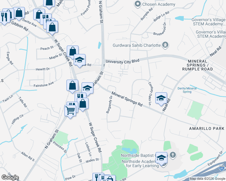map of restaurants, bars, coffee shops, grocery stores, and more near 1727 Mineral Springs Road in Charlotte