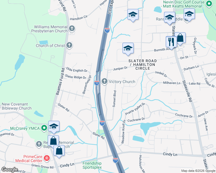 map of restaurants, bars, coffee shops, grocery stores, and more near 2308 Juniper Drive in Charlotte