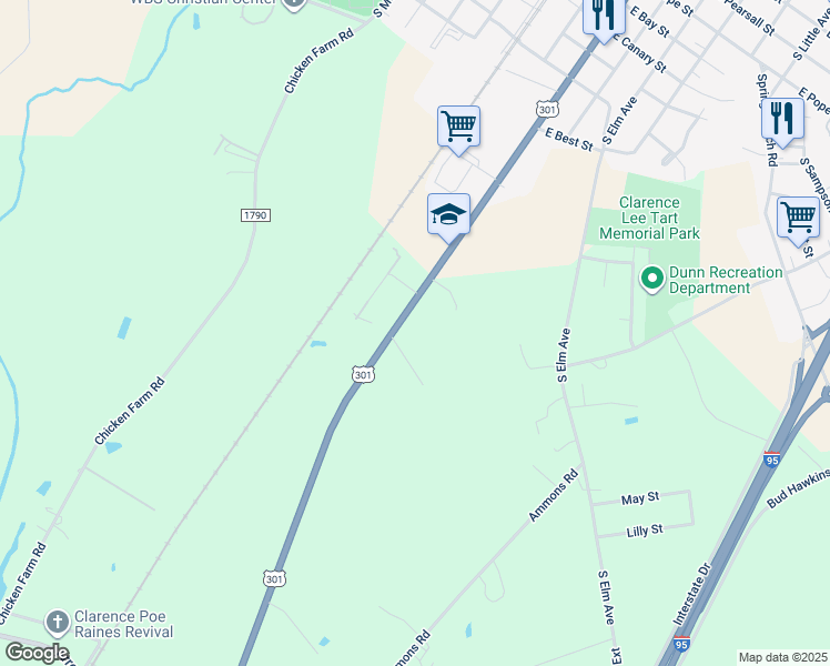 map of restaurants, bars, coffee shops, grocery stores, and more near 1697 South Clinton Avenue in Dunn