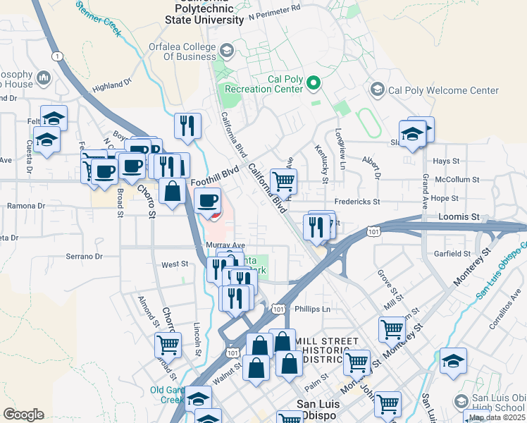 map of restaurants, bars, coffee shops, grocery stores, and more near 144 Stenner Street in San Luis Obispo