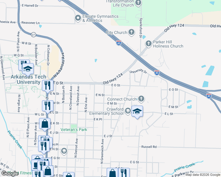 map of restaurants, bars, coffee shops, grocery stores, and more near 709 East N Street in Russellville