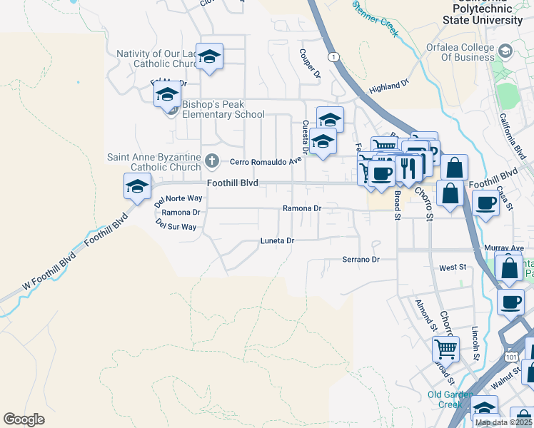 map of restaurants, bars, coffee shops, grocery stores, and more near 319 Ramona Drive in San Luis Obispo