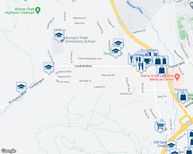 map of restaurants, bars, coffee shops, grocery stores, and more near 351 Ramona Drive in San Luis Obispo