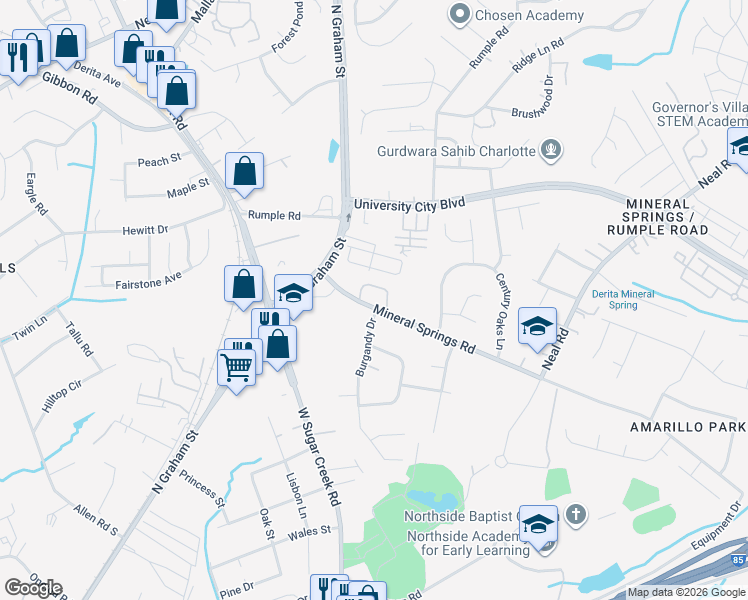 map of restaurants, bars, coffee shops, grocery stores, and more near 1727 Mineral Springs Road in Charlotte