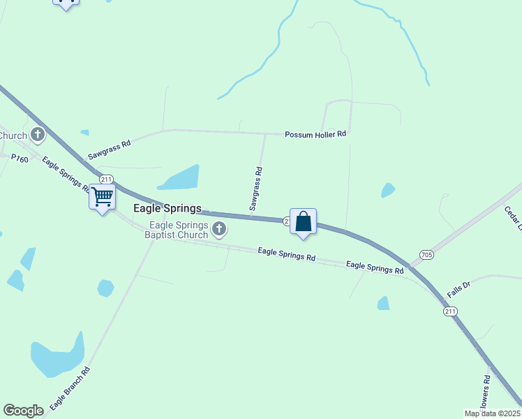 map of restaurants, bars, coffee shops, grocery stores, and more near 2145 North Carolina 211 in Eagle Springs