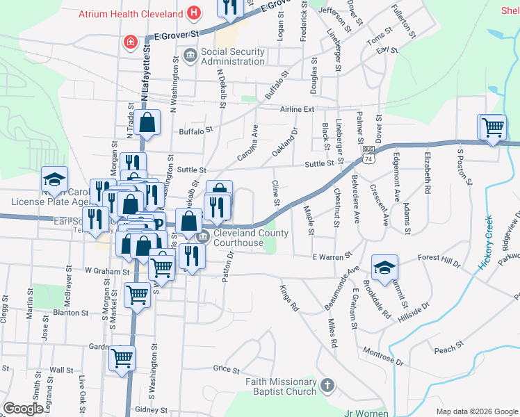 map of restaurants, bars, coffee shops, grocery stores, and more near 415 East Marion Street in Shelby