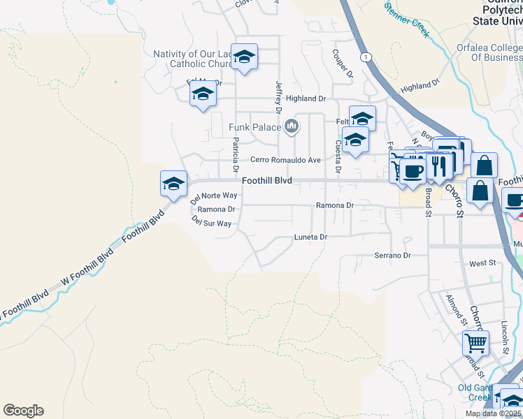 map of restaurants, bars, coffee shops, grocery stores, and more near 253 Ramona Drive in San Luis Obispo