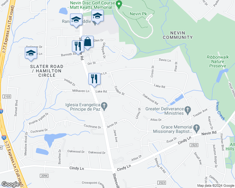 map of restaurants, bars, coffee shops, grocery stores, and more near 3437 Kelsey Emma Court in Charlotte