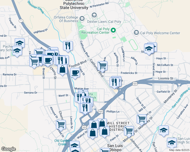 map of restaurants, bars, coffee shops, grocery stores, and more near 85 Stenner Street in San Luis Obispo