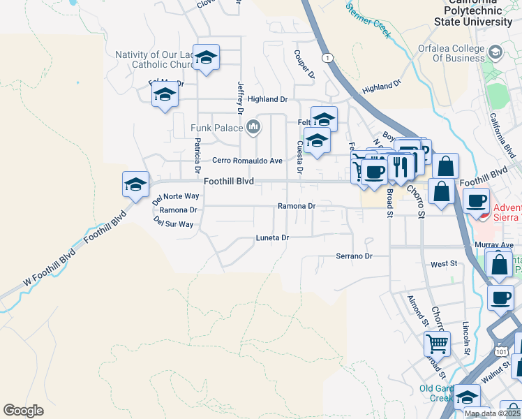 map of restaurants, bars, coffee shops, grocery stores, and more near 319 Ramona Drive in San Luis Obispo
