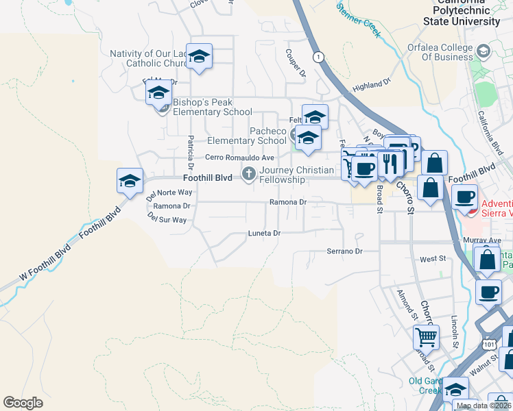 map of restaurants, bars, coffee shops, grocery stores, and more near 307 Del Mar Court in San Luis Obispo