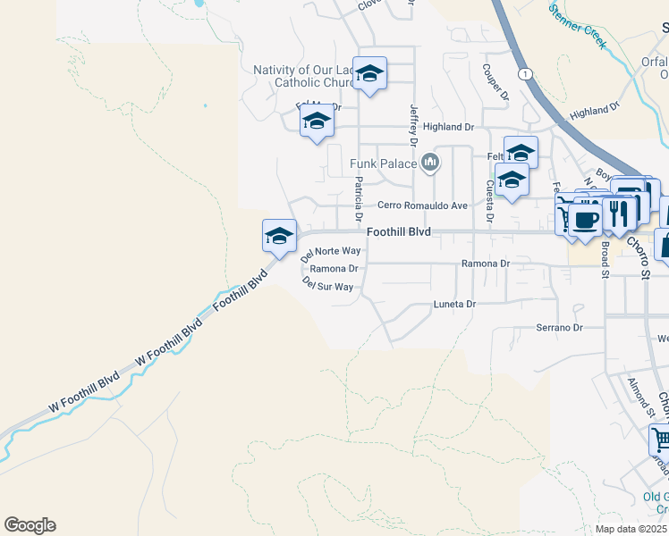 map of restaurants, bars, coffee shops, grocery stores, and more near 186 Del Sur Way in San Luis Obispo