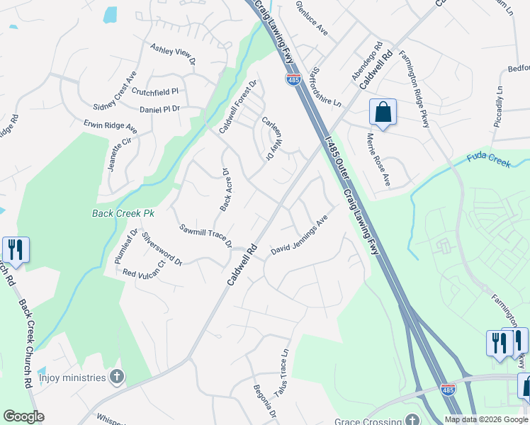 map of restaurants, bars, coffee shops, grocery stores, and more near 13311 Caldwell Road in Charlotte