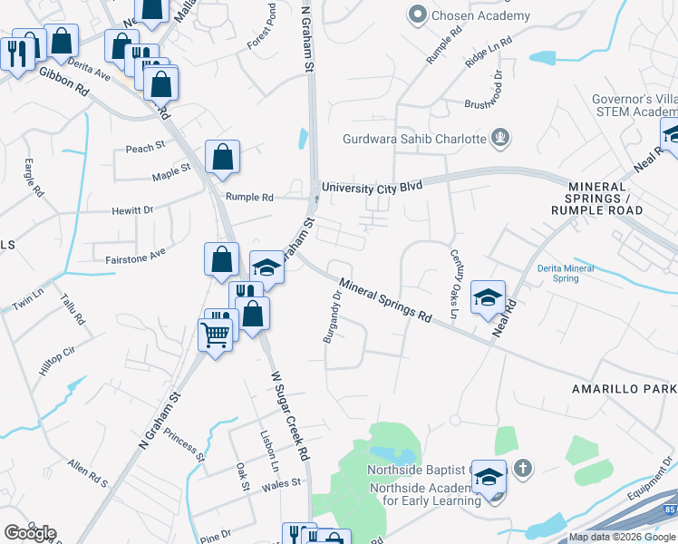map of restaurants, bars, coffee shops, grocery stores, and more near 1727 Mineral Springs Road in Charlotte