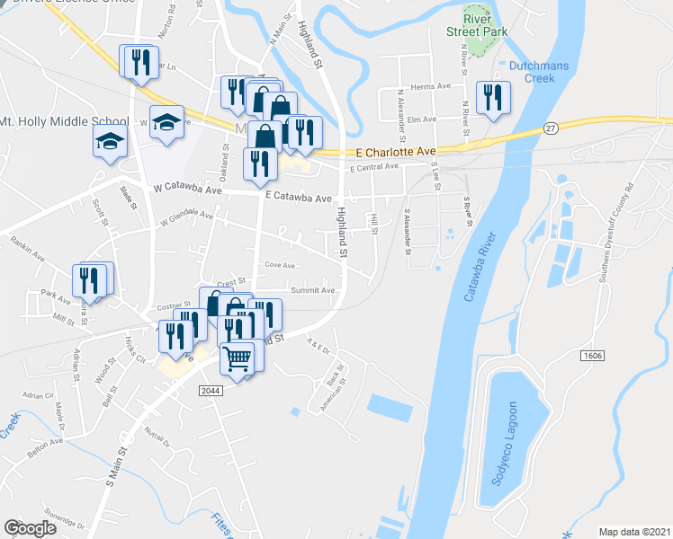 map of restaurants, bars, coffee shops, grocery stores, and more near 221 Summit Avenue in Mount Holly